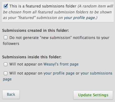 Setting the “this is a featured submissions folder’ option